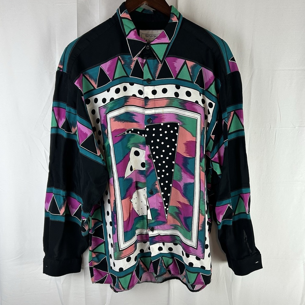 Vintage 80s 90s‎ SMASH Long Sleeve Button Up Men's Large Abstract Colorful Thin